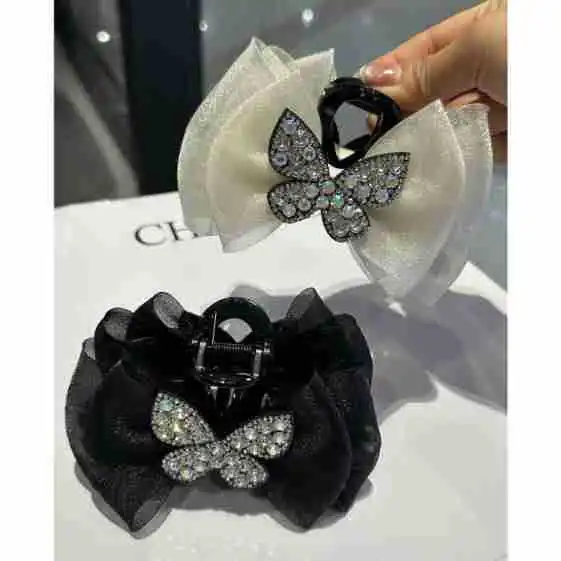 

Korean Tulle Bow Rhinestone Claw Clip Elegant Women's Sparkly Hair Accessories Chic Mesh Butterfly Hairpin for Stylish Ladies
