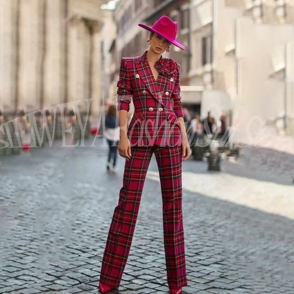

Luxury Plaid Female Suit 2 Pieces Jacket Pants Tuxedo Smart Casual Office Lady Chic Outifts Boutique Conjuntos De Pantalones