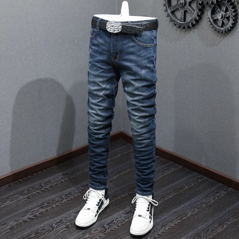 Fashionable new men's jeans, washed with water, nostalgic stretch, slim fit, blue jeans, high street hip-hop brand pants, y2k