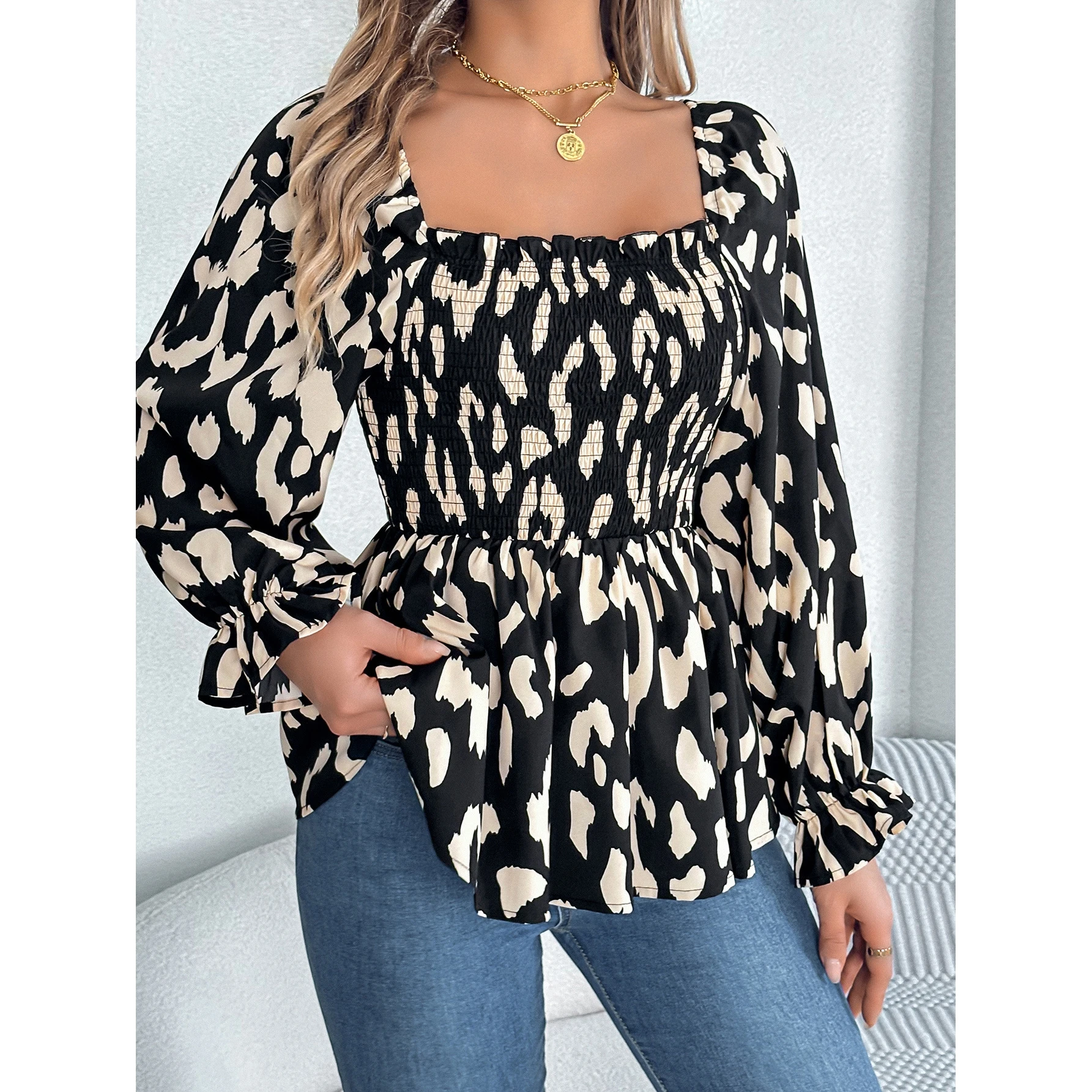 

Leopard Print Blouse Women's Long Sve Bell Sve Gathered Waist Cross-Border Faion Square Collar Chiffon Lace irt