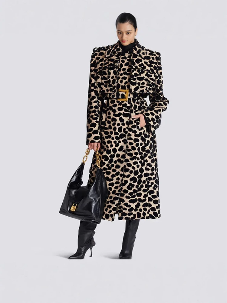 

HIGH STREET новейшее осень-зима 2025 дизайнерское пальто женское с поясом леопардовый жаккардовый длинный плащ OverCo