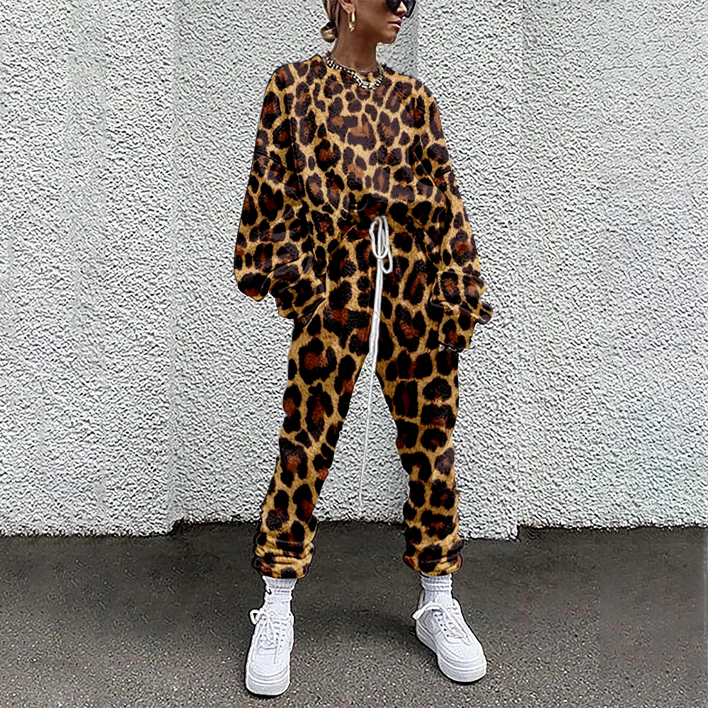 

SOJINM Women Tracksuit Leopard Spotted Print 2 Piece Outfit Sweatshirt+Straight Sweatpants Matching Fitness Sporty 3XL