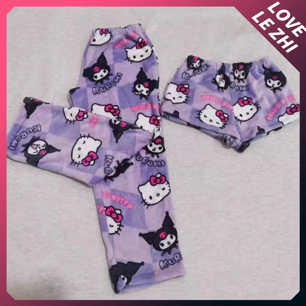 

Sanrioed Hello Kittys Kuromi Leisure Pants Trousers and Shorts Coral Fleece Kawaii Double Elastic Fabric Soft Home Pajamas Pants