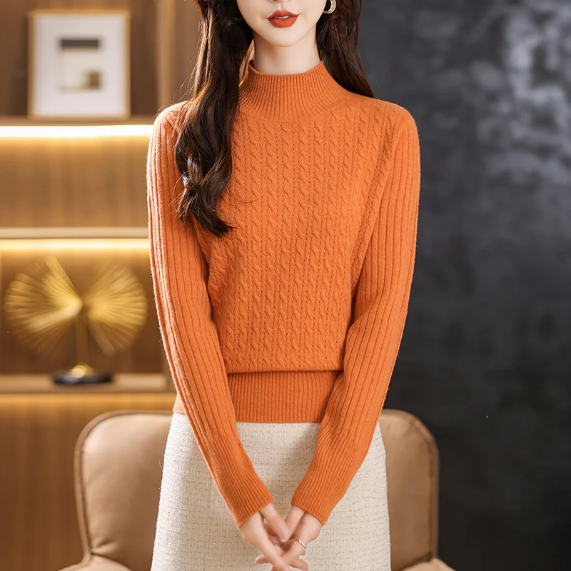 Top Grade Women 100% Sheep Wool Clothing Autumn & Winter Turtleneck Sweater Lady Pure Wool Slim Fit Twisted Knitwear Long Sleeve