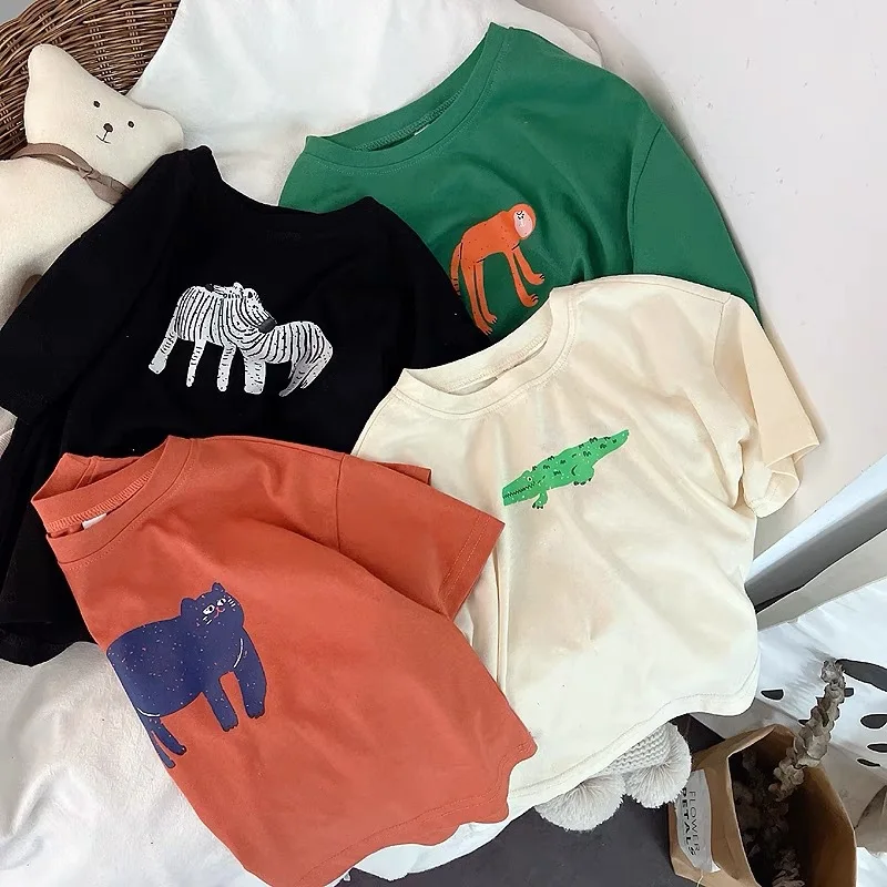 2025 Summer New Children Short Sleeve Cartoon Print T Shirts Boys Girls Loose Cotton Tops Baby Thin Versatile Tee Kids Clothes
