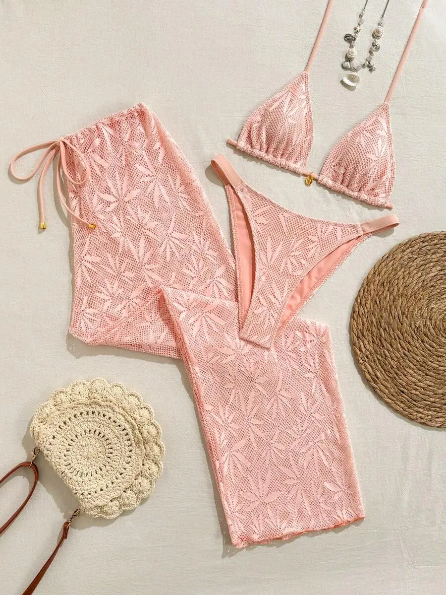 

Pink Lace 3 Piece Women Swimwear Set With Skirt And Shorts