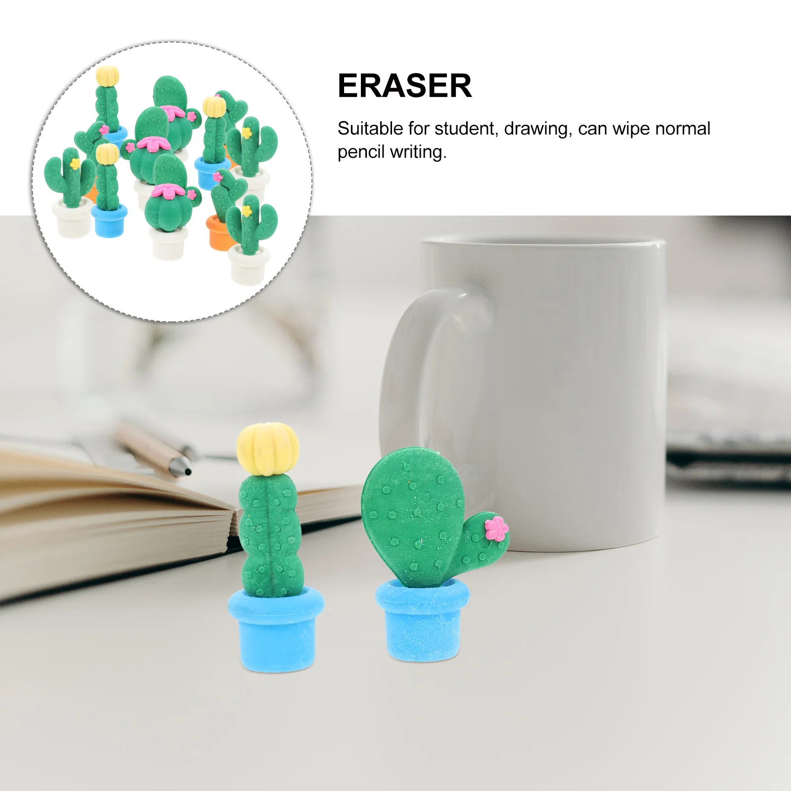 

15 Pcs Rubber Students Eraser Stationery Safe Material Random Color Students Cactus Shaped Eraser School Supplies