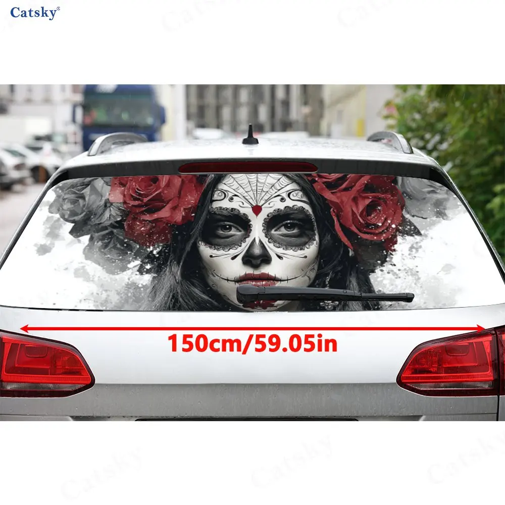 Sugar Skull Rose Wonder Journey PVC perforierte Auto-Vinylfolien, langlebiger Auto-Heckscheibenaufkleber, wasserdichte Auto-Heckscheibe