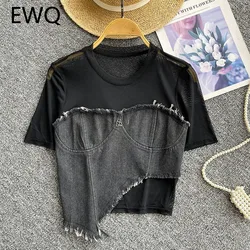 EWQ Fashion Denim Patchwork Design T-shirt For Women Round Collar Short Sleeve Casual Tops Clothing 2024 Summer New 27X231