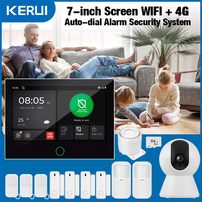 KERUI NEW 4G+WiFi Wireless Home Alarm with 7 inch Large IPS Touch Screen Tuya Smart Alarm System with Motion Sensor for House