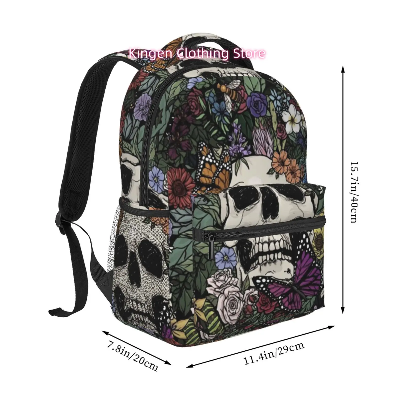 Jungle Floral Butterfly Skull Print Travel Backpack, Large Capacity with Adjustable Shoulder Straps And Multiple Compartments, U