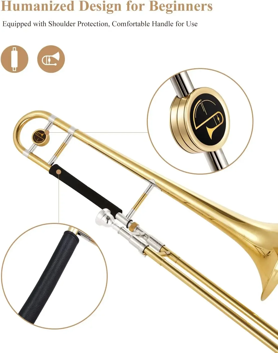 Tenor Slide Trombone for Beginners Students, B Flat Brass Plated Trombone Instrument with Mouthpiece, White Gloves, Cl