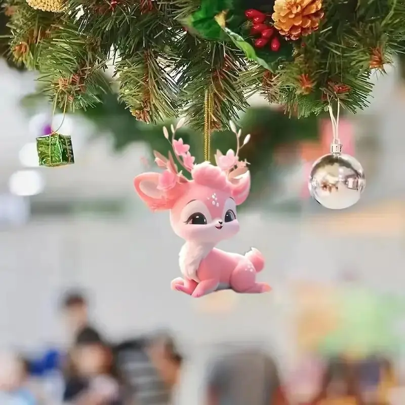 Cute Pink Sakura Deer Acrylic Pendant Keychain 2D Flat Car Interior Rearview Mirror Decoration Ornament Home Decoration Gift