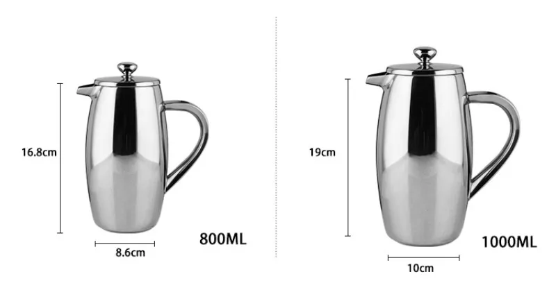 304 Stainless Steel French Press Coffee Pot, Filter Type Kettle, Teapot, Delicate Coffee Maker, 350ml, 800ml, 1000ml, 12oz