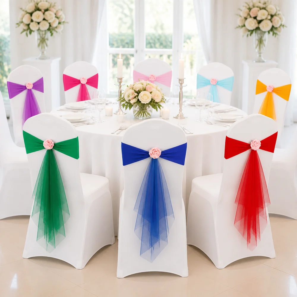 Bows Chair Back Bow Decorative Belt Elastic Band Rose Flower Event Chair Straps Ties Fastening Ready Made Chair Cover Decors