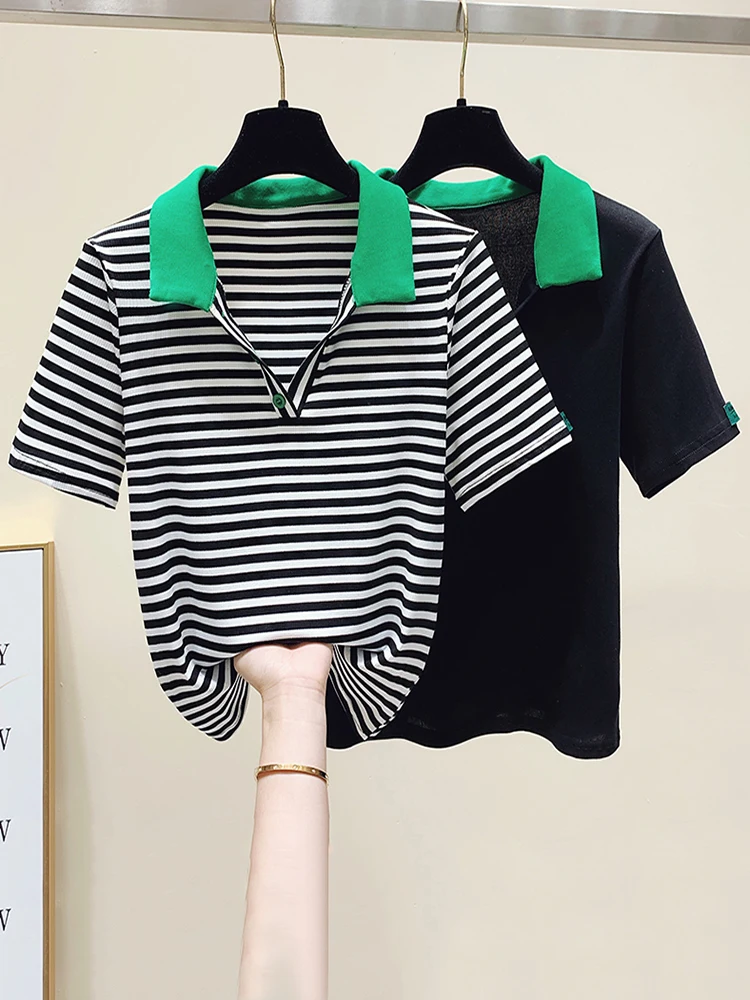 Striped Patchwork T Shirt Woman 2022 Womens Short Sleeve Tops Summer Slim Cotton TShirt Woman Clothes T-Shirt Femme Black