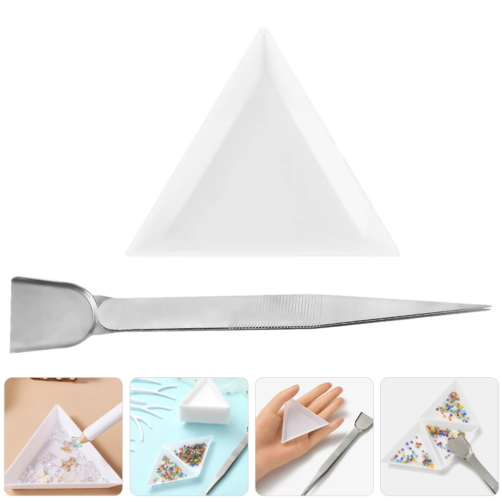 

1set 1Set Stainless Steel Scoop Tweezers Plastic Triangle Sorting Trays Bead Rhinestone Organizer Jewelry Making Storage Box