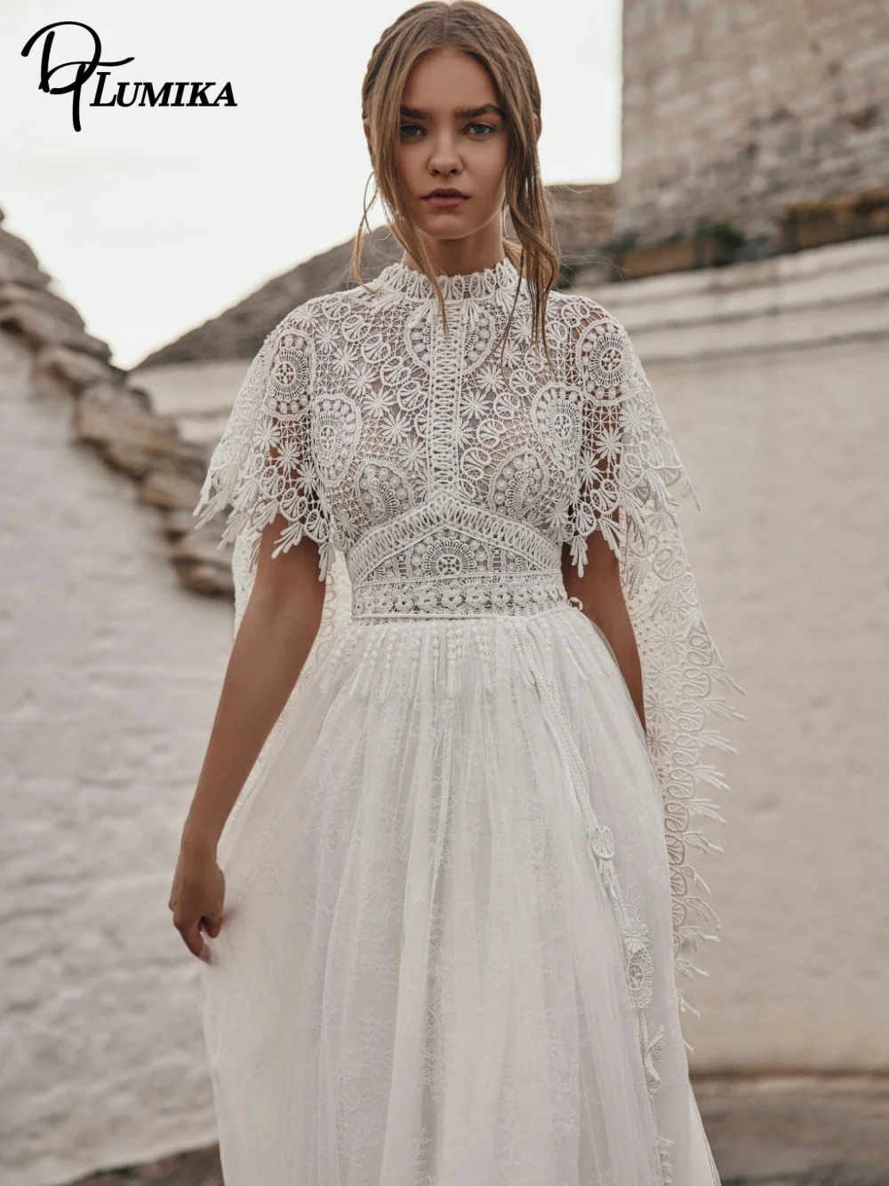 DTLumika High Neck Bohemian Wedding Dress 2027 Airy Circular Crochet Lace Cape Fringe Hem Layered Tulle Bridal Vestidos De Novia
