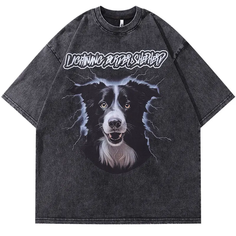 

Men Vintage T-Shirt Streetwear Harajuku Lightning Border Collie Dog Graphic Print Washed Tshirt Hip Hop Fashion Casual Loose Top