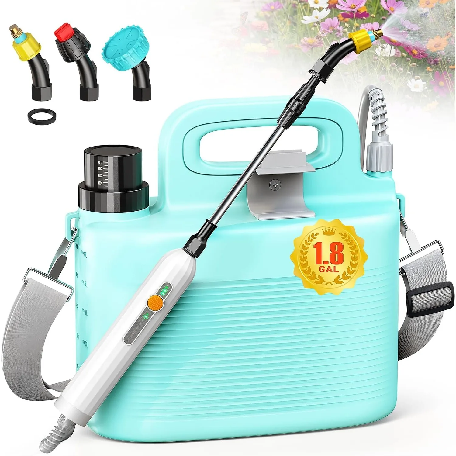 

Battery Powered Garden Sprayer 1.8 Gallon, Lightweight Electric Sprayer with Telescopic Wand & Adjustable Nozzles for Plant