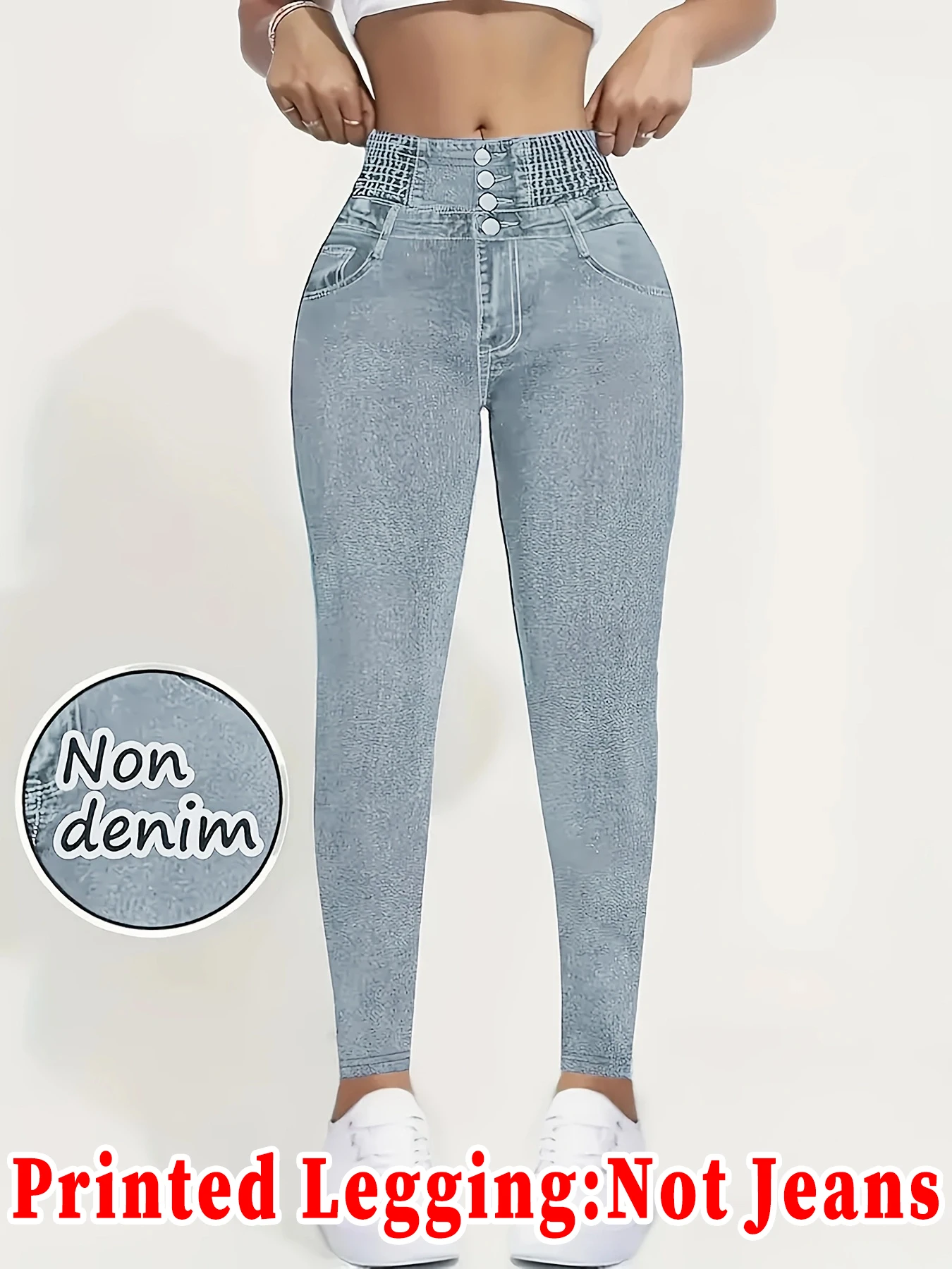 Women 4 Buttons High Waist Faux Denim Printed Leggings High Elastic Non Denim Slim Skinny Slimming Casual Fake Denim Pants