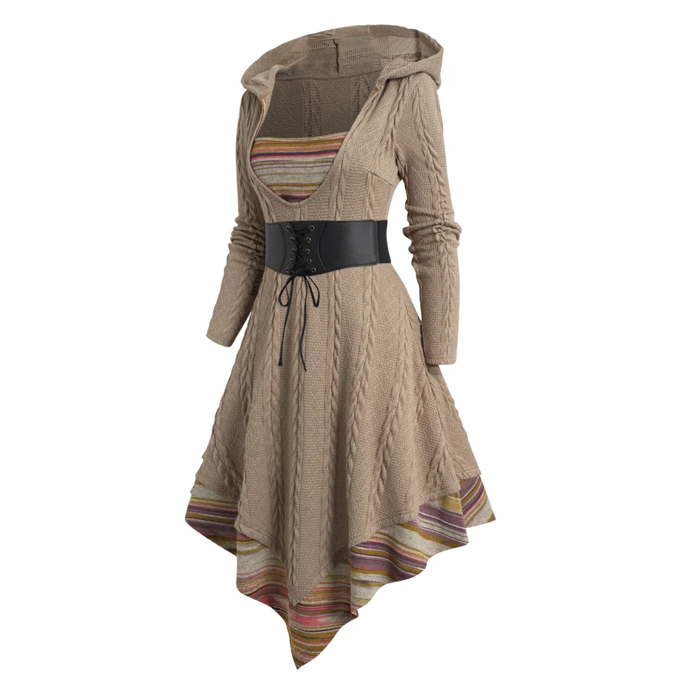 Striped Panel Knit Hooded Dress Twist Jacquard Pointed Hem Long Sleeve Midi Knitted Dress