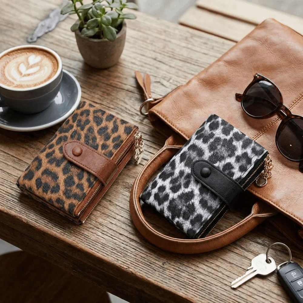 Leopard Print PU Leather Short Wallet Polyester Lining Double Zipper Coin Purse Large Capacity Multi Card Slots Card Holder