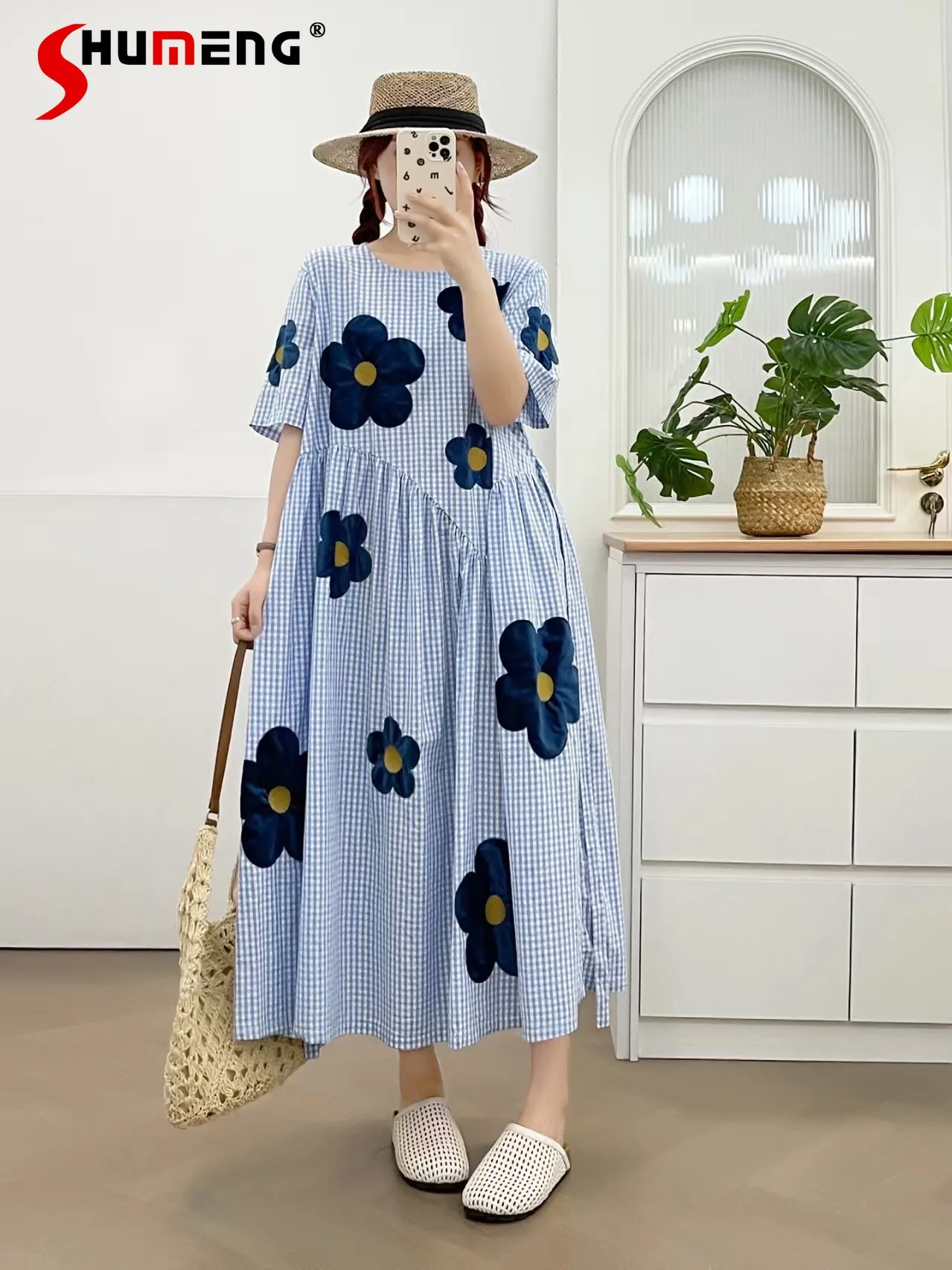 

Летнее платье в японском стиле Sweet Mori Girl, круглый вырез, рукава-пузырь, вышивка, 3D лоскутное свободное длинное платье трапециевидной формы в клетку для женщин