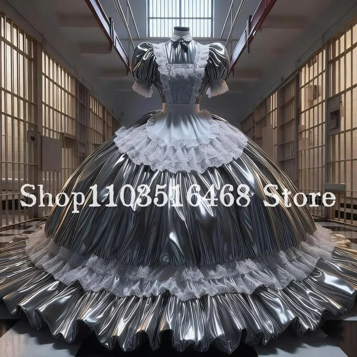 

Custom Vintage Gothic Evening Gown Silver Shimmering Laser Cut Fabric Lace Adorned Maid Themed Ball Gown Special Occasion Dress