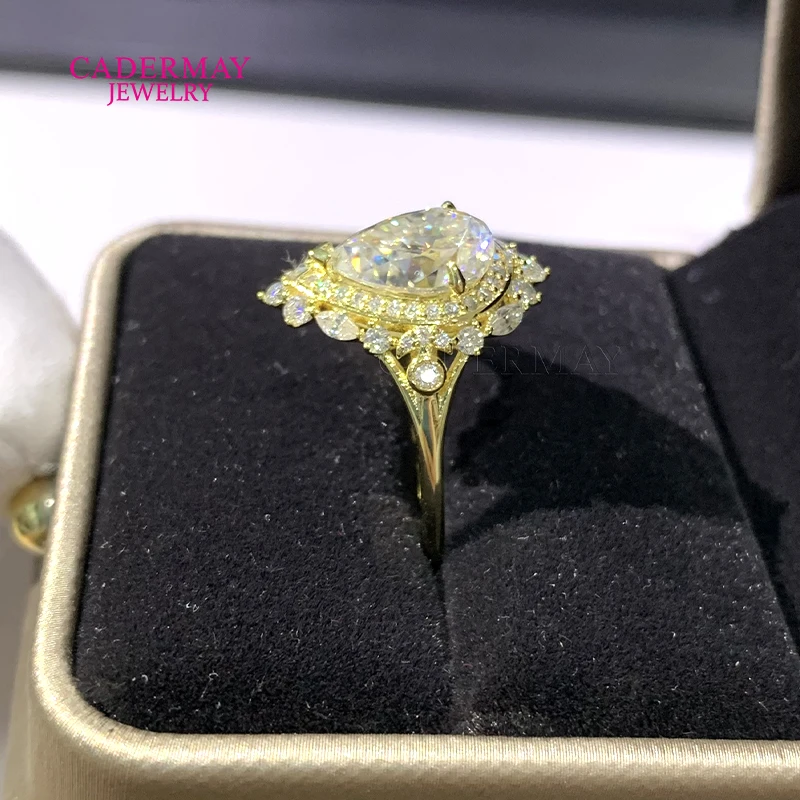 Cadermay 925 Silver Yellow Gold Plated 2ct Pear Cut D VVS Moissanite Halo Ring Vintage Moissanite Wedding Engagement Ring Women