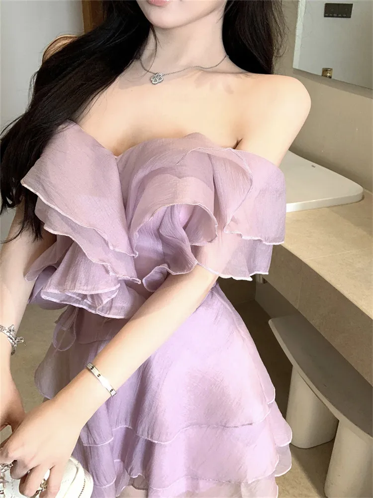 Vestido de fiesta sin tirantes con volantes morados elegante de verano para mujer, minivestido Sexy de verano con hombros descubiertos y cuello oblicuo