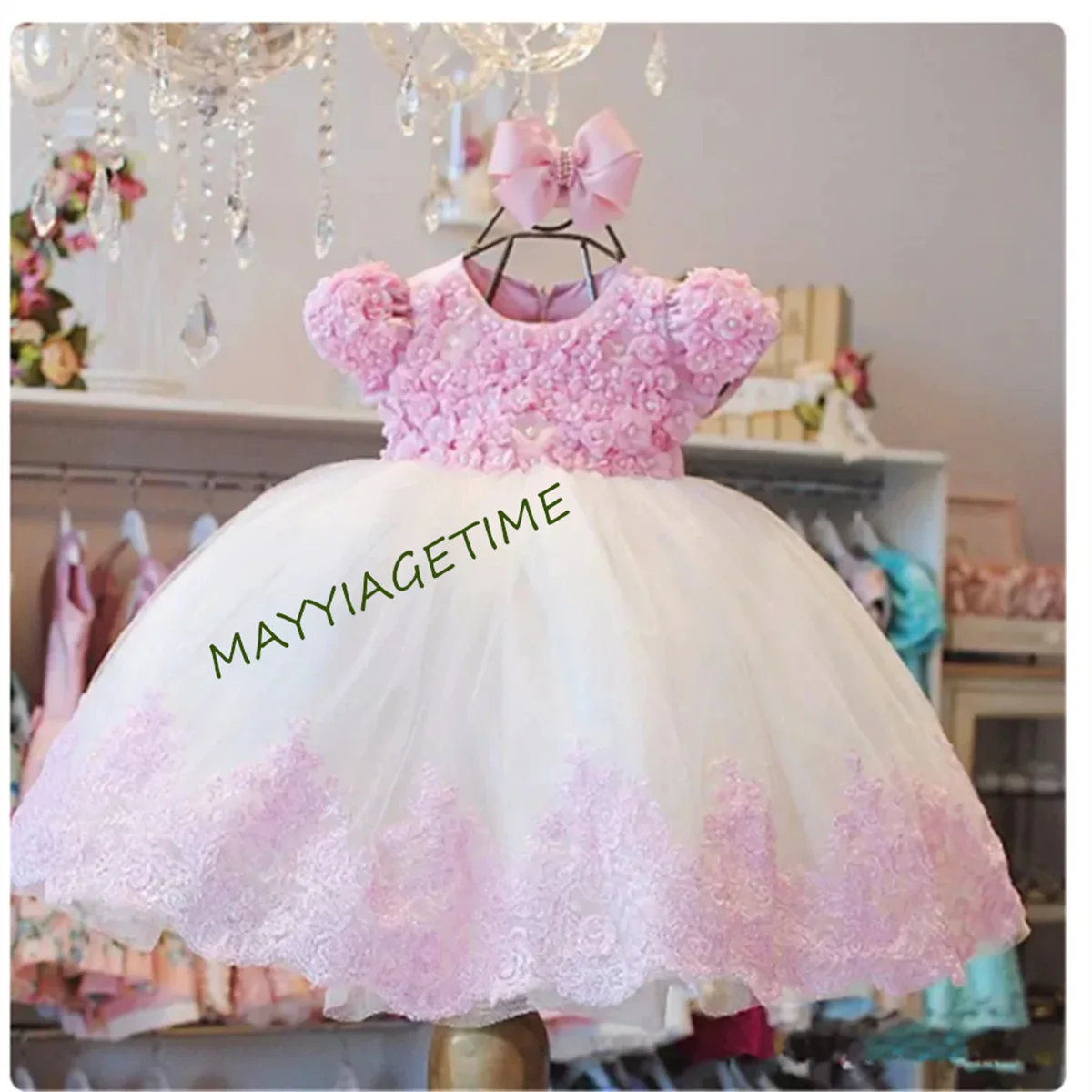 Baby weiße Blume Mädchen Kleider Perlen Spitze Taufe Blume Prinzessin Kleid Säugling erste Geburtstags feier Kleid Kommunion Geschenk