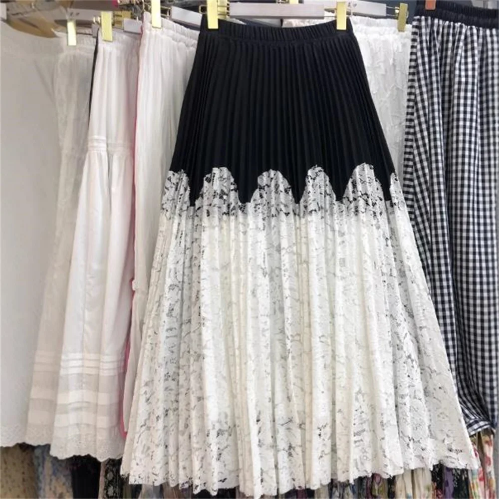 Lace patchwork pleated skirt  Elegant women color blocking hanging effect large swing long skirt