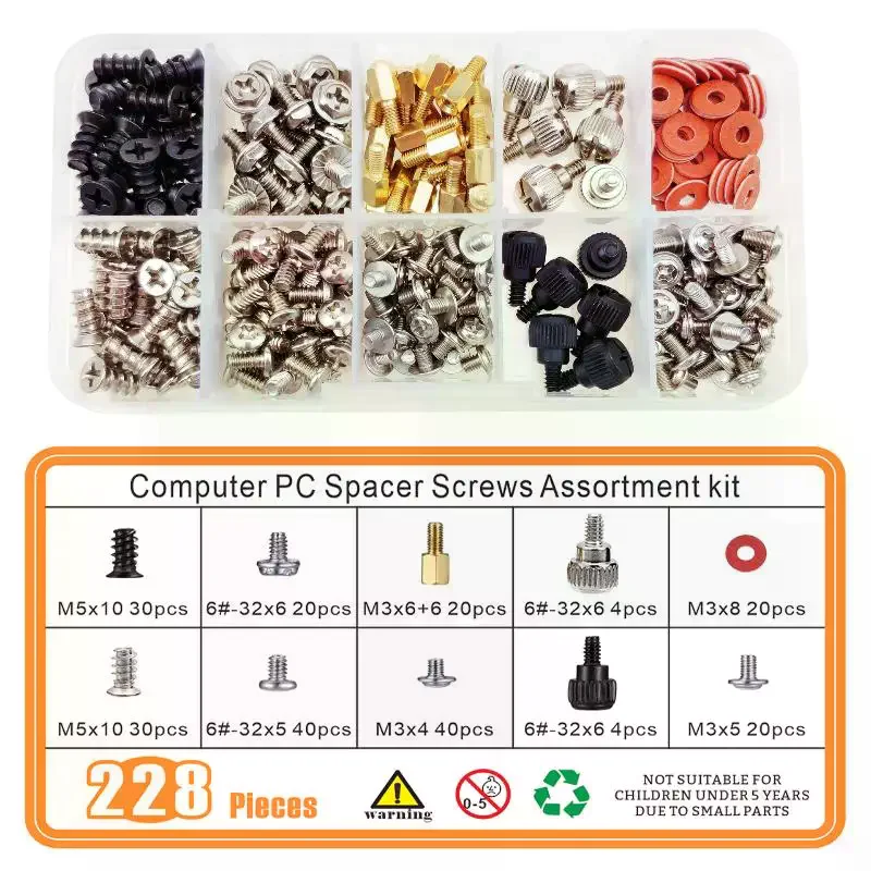 228Pcs/Box Hard Disk DIY Motherboard PC Computer Assemble Case Fan Hand Screw Bolt Standoff Washer Assortment Kit