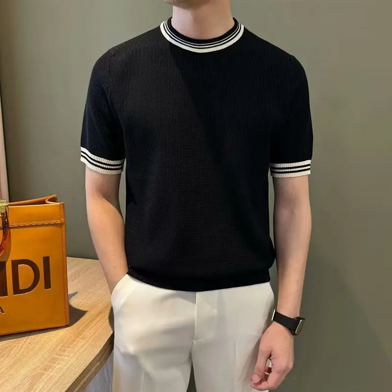 

Летняя легкая мужская повседневная трикотажная рубашка в зрелом стиле с коротким рукавом в стиле ретро, мужская рубашка с цветными блоками в деловом дизайне, топ