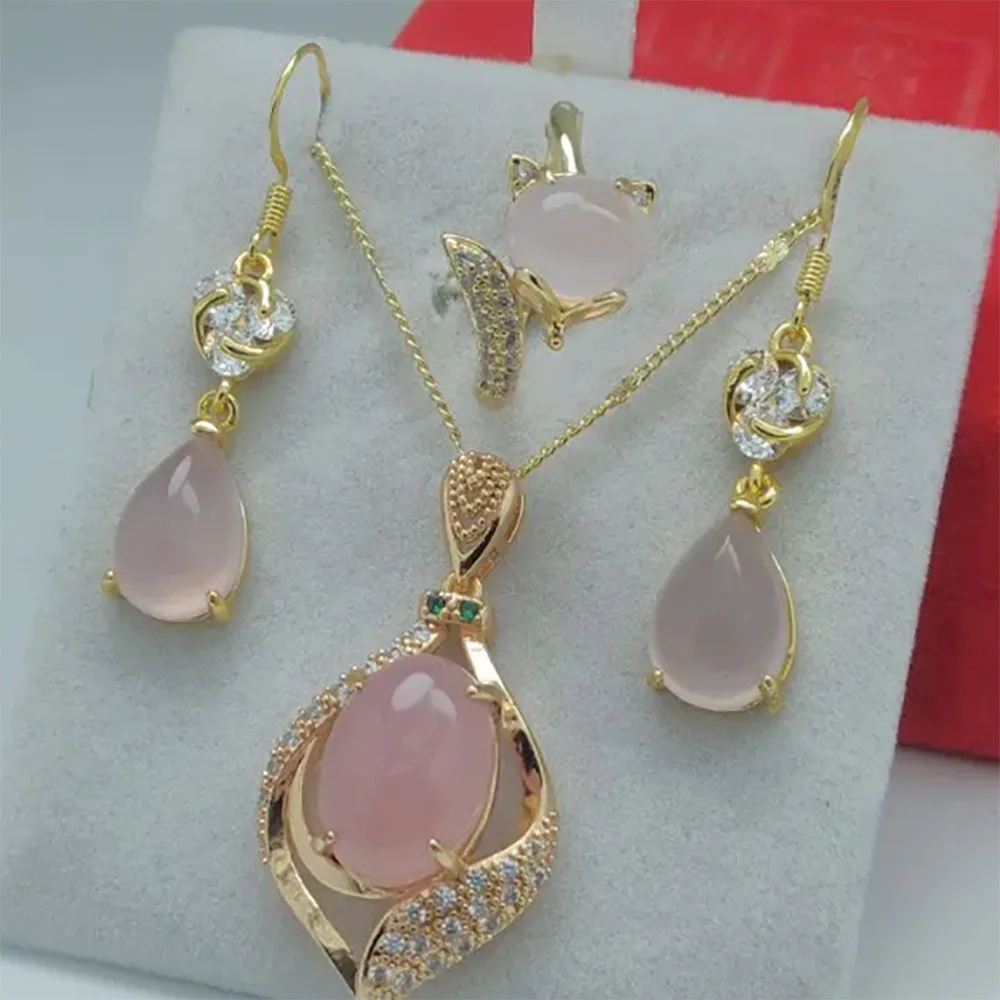 Pink Suits Natural Ice Chalcedony Stone Sweet Lady Agate FOX Ring Water Drop Earrings Round Gemstone Charm Jade Pendant Jewelry