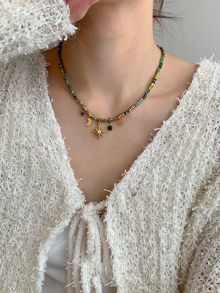Peri\'sbox New Multi-layer Acrylic Beaded Star Moon Starburst Charm Necklace for Women Bohemian Fashion Girl Summer Jewelry Gifts