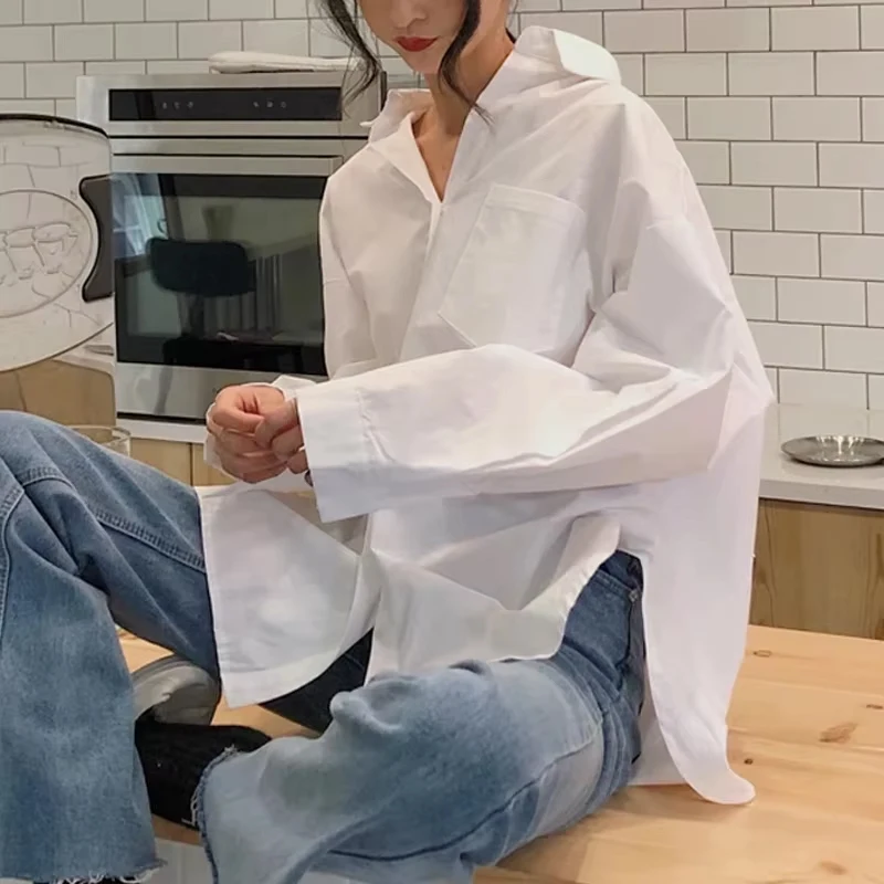 2025 ol estilo camisa feminina branca de manga comprida com bolso casual fenda blusa solta versátil plus size tops para mulheres 11456