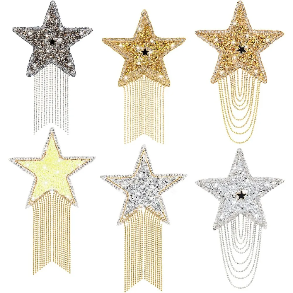 6 Colors Star Iron On Patches Rhinestone Clothes Patches Sparkling Star Appliques Fashion Tassel Star Iron on Patch with Chains