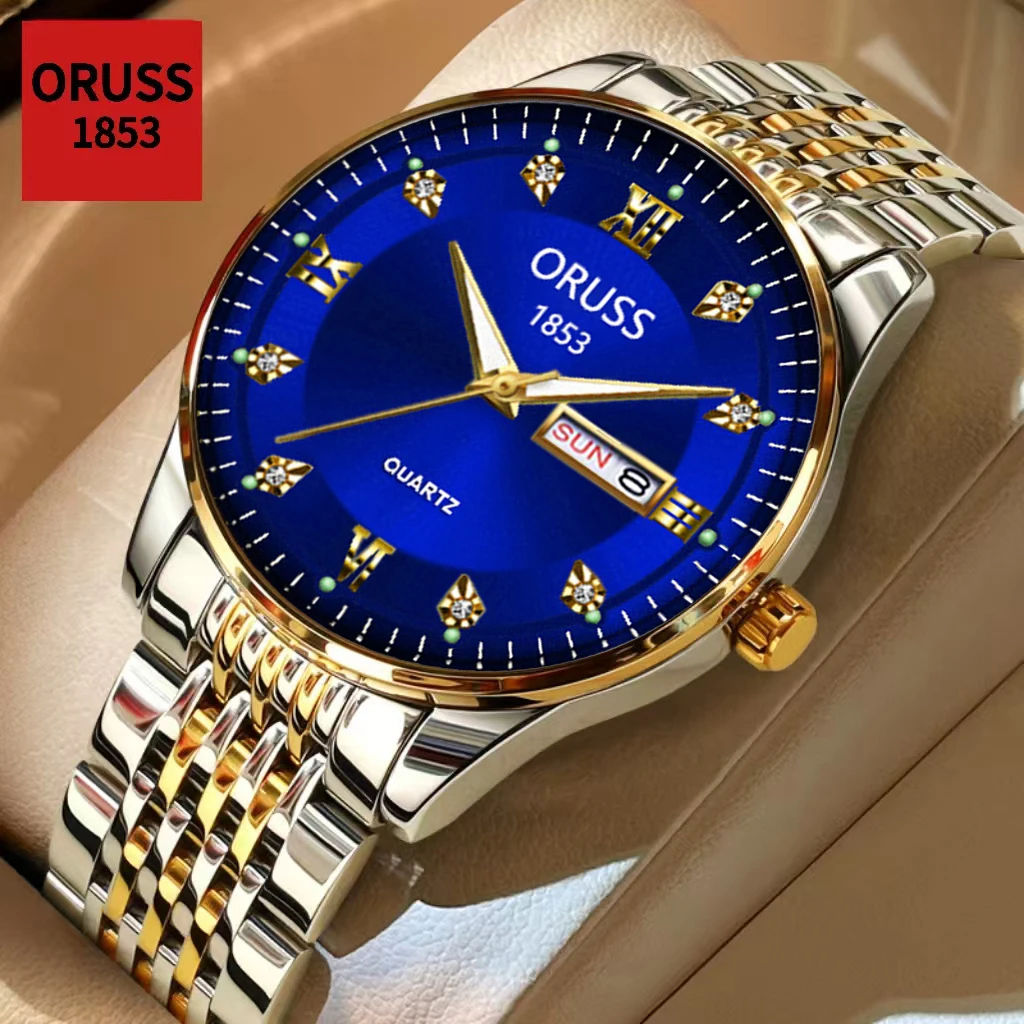 

Мужские кварцевые часы ORUSS класса люкс; деловой повседневный стиль; водонепроницаемые, с подсветкой, на стальном браслете; модный мужской подарок