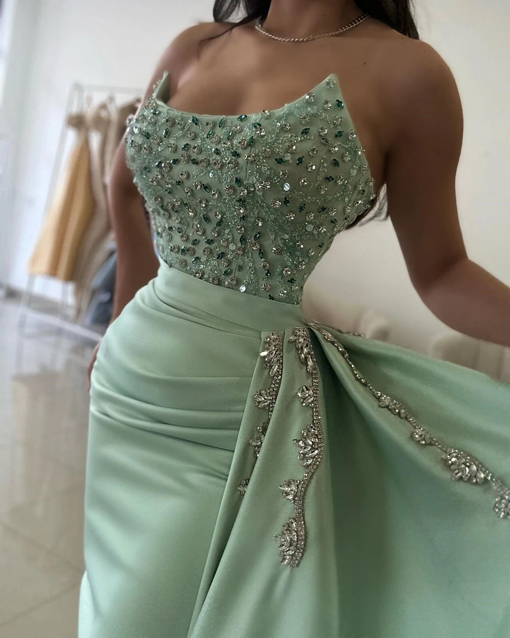 

Strapless Satin Crystal Evening Dresses Mermaid Pleat Luxury Beading Sequin Formal Wedding Party Prom Gowns Vestido Customized