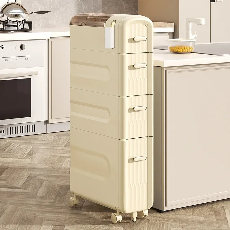 Cream Style Transparent Plastic Storage Shelf Narrow Bathroom Floor Cart Toilet Side Gap Cabinet for Storage