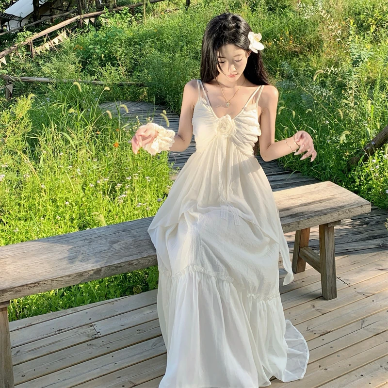 Retro Aosphere Fairy T Vaion Floral Lace  Strapl Dr White Gown with High Waist Cake Skirt Sle V-Ne A-Li...