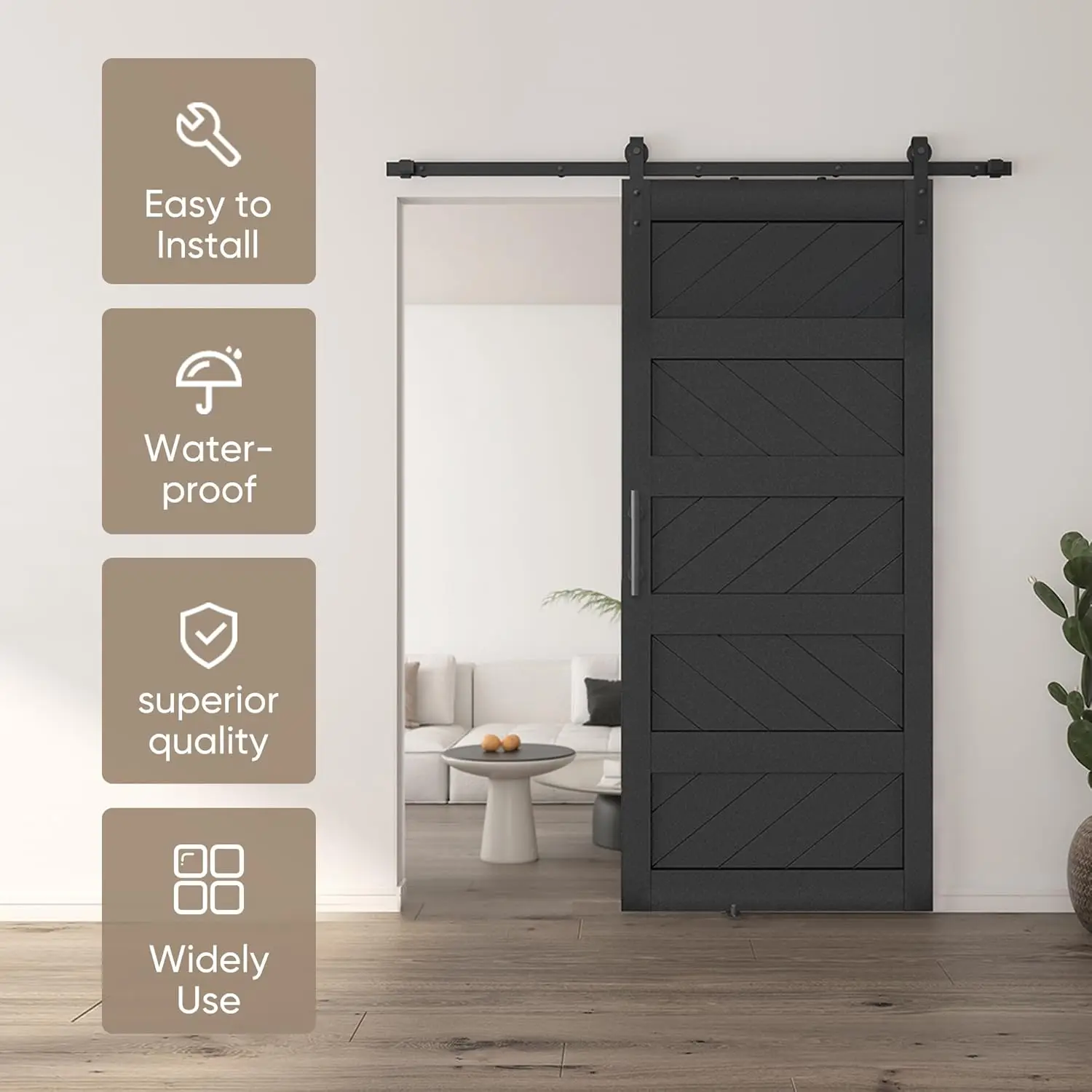 Door Kit Wave Shape Barn Door Panel with Hardware Kit Include, Easy Installation, MDF Board & PVC Covered, Black