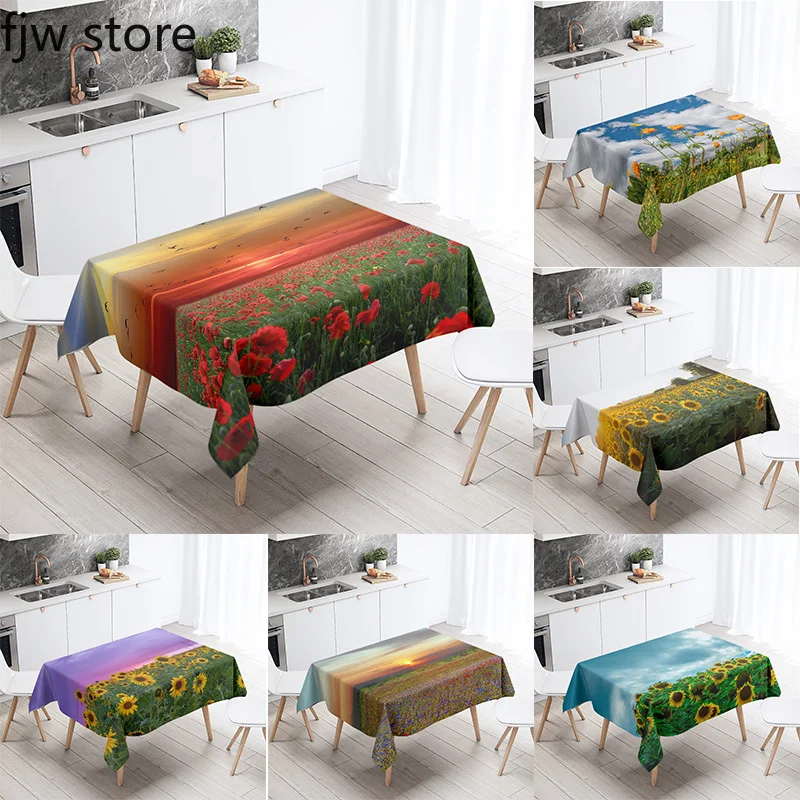 

Flower Field Scenery Printed Rectangular Tablecloth Waterproof and Antifouling Restaurant Kitchen Home Decoration