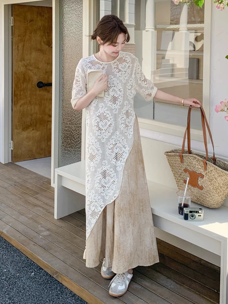 

plus Size Women's Lace Dr Set Cover Belly Hide Meat Summer Commute Sle Korean Version Straight Tube ort Sve round Ne