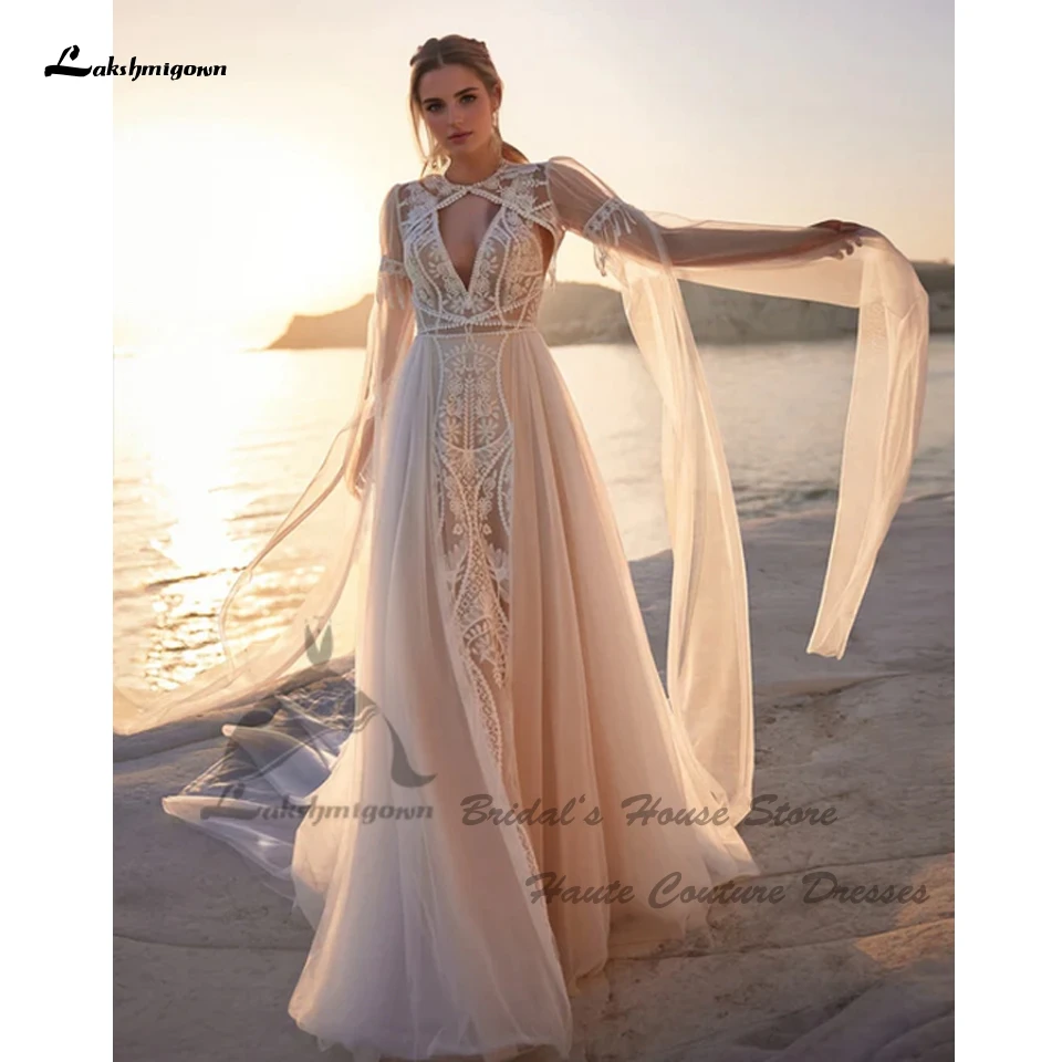 Lakshmigown Luxuriöse Spitzen-Boho-Hochzeitskleider 2026 Vestidos Civil Flare Langarm Strand-Brautkleider mit tiefem V-Ausschnitt, maßgeschneidert – Detail 6
