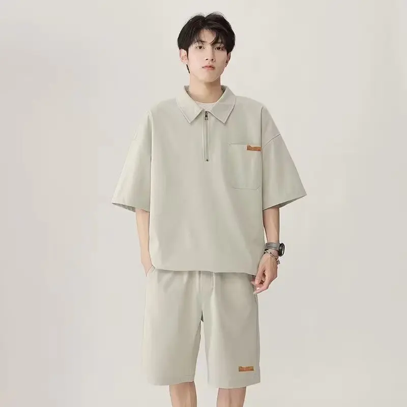 

Мужской комплект из 2 предметов, черная рубашка и шорты, повседневный костюм для путешествий в Корейском стиле Харадзюку, спортивные костюмы