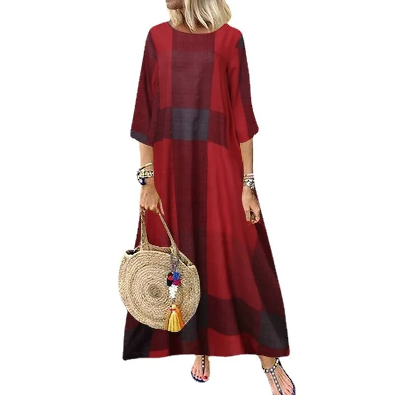 Frauen Plaid Print Maxi kleider Sommer Vintage Halbarm lange Vestidos lässig O-Ausschnitt lange Sommerkleid Urlaub Boho Roben платье