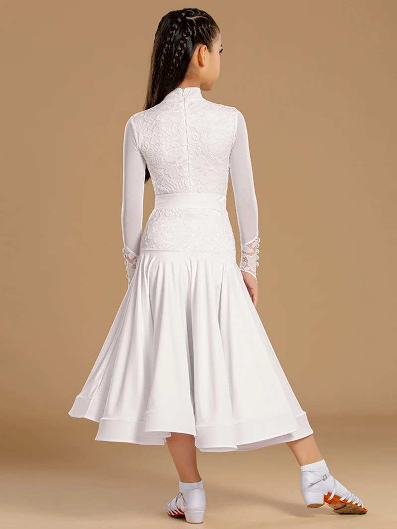 Body de malla de manga larga para niñas y faldas de espina de pescado, vestido de práctica de competición latino moderno profesional de tres piezas